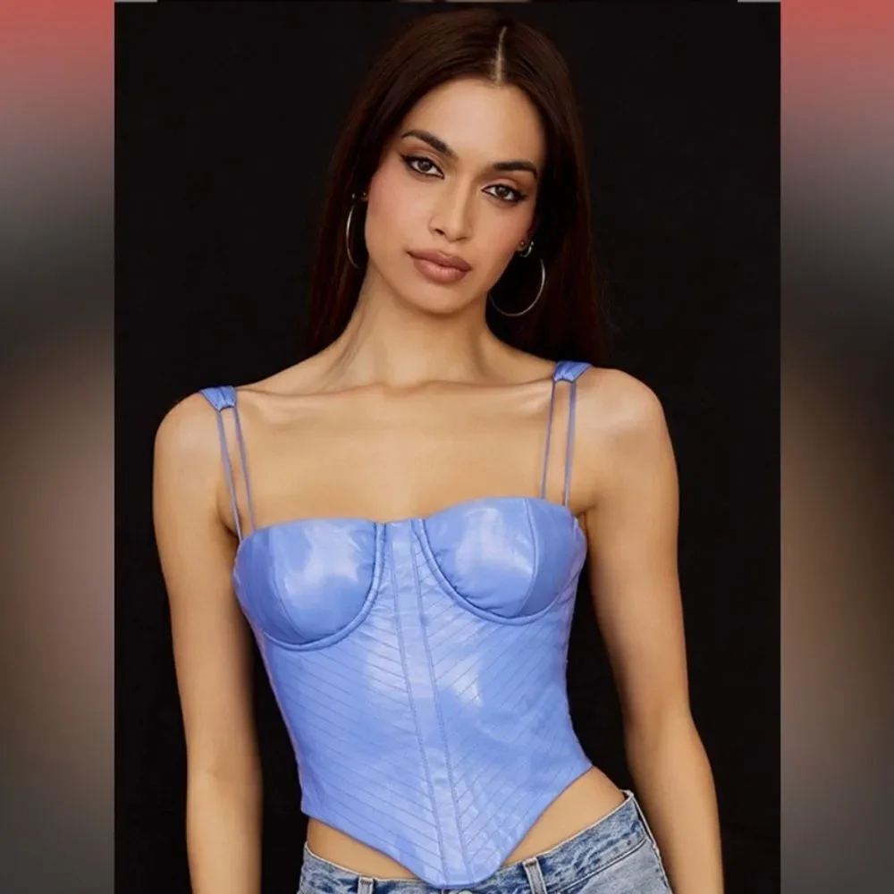 House Of Cb Melissa Vegan Leather Cornflower Blue Crop Top Corset Size XS